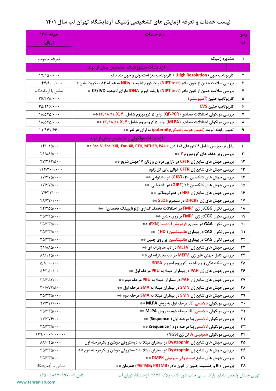 لیست خدمات و تعرفه آزمایش های تشخیصی ژنتیک آزمایشگاه تهران لب سال 1401